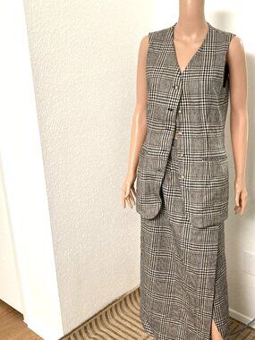 Breeches Vintage 2-Pc Plaid Vest Skirt Set M Wool Alpaca Gray Black White